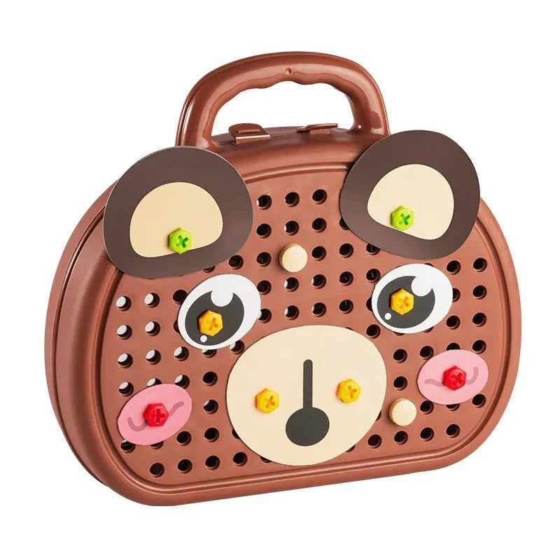 Montessori Toolbox Set with Drill, 204 Pieces in Bear & Dog Suitcase