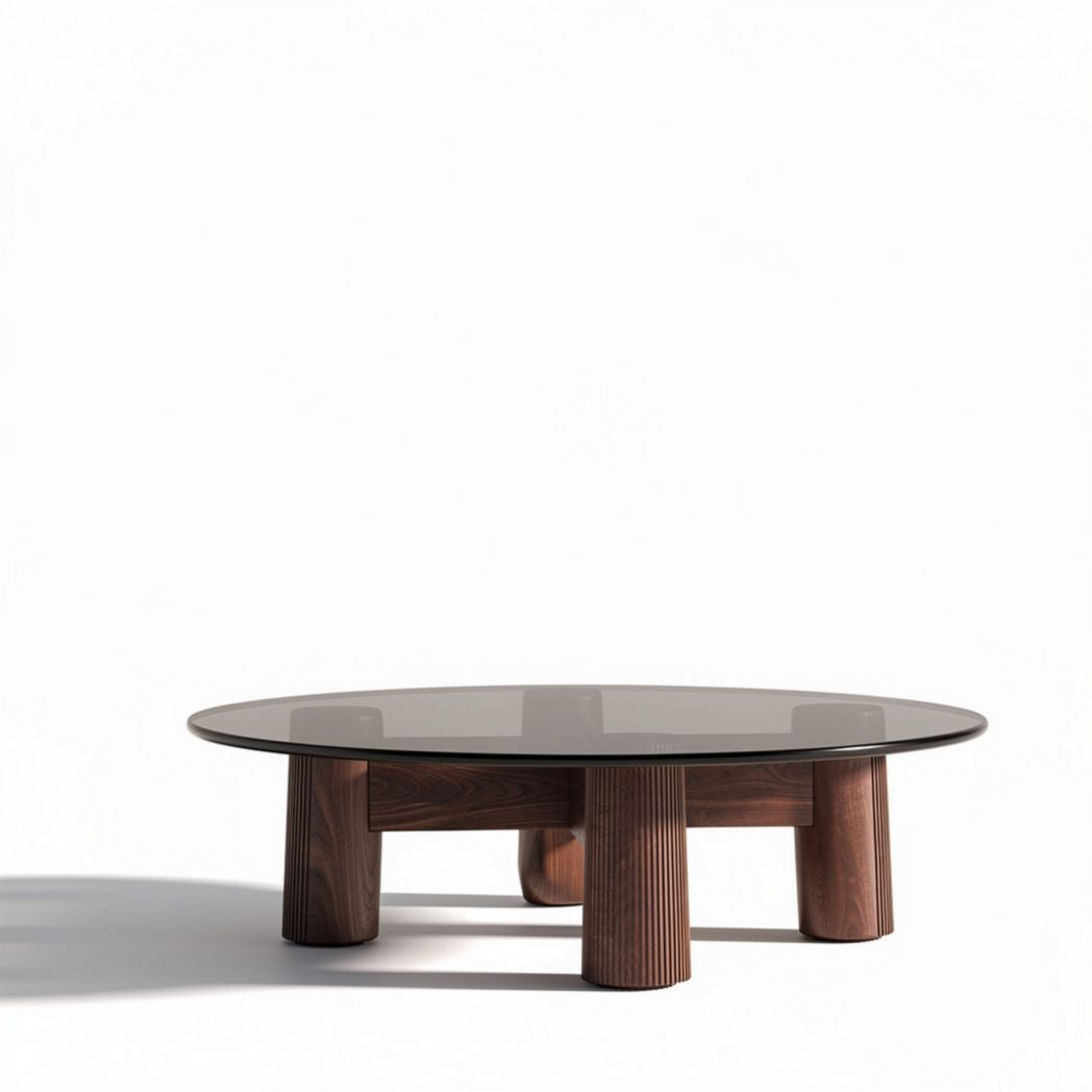 Glass top coffee table with wooden base - 120 x 120 x 30cm